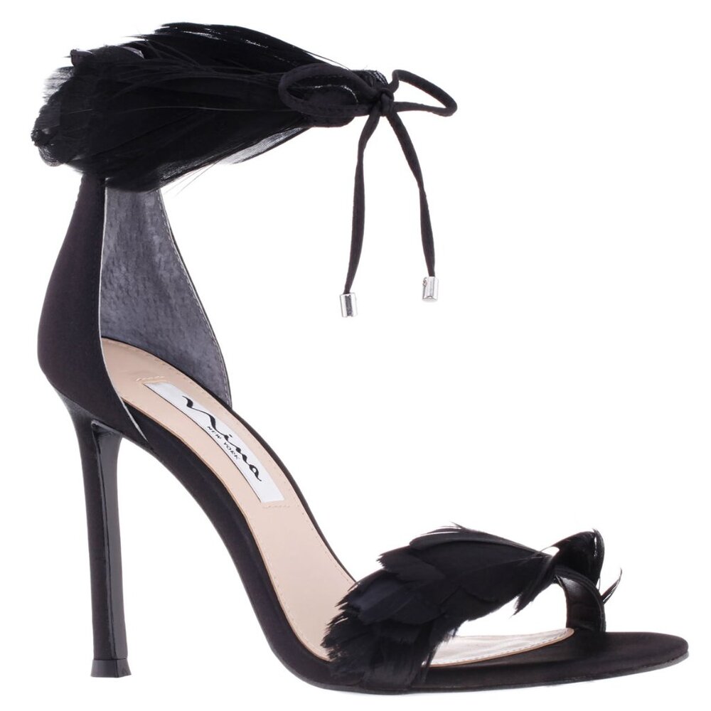 NIB $109 Nina Dianne Feather Stiletto Heels 7.5 Black Luster Satin